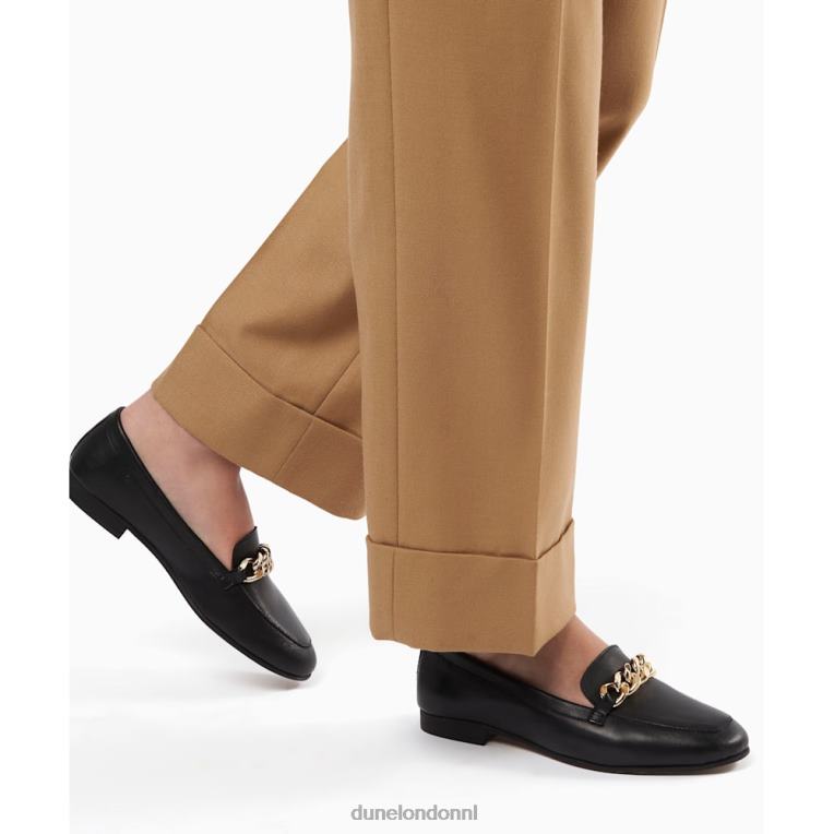 vrouwen R6DFZ148 goudsmid zwart Dune London Leren loafers met brede pasvorm en kettingafwerking