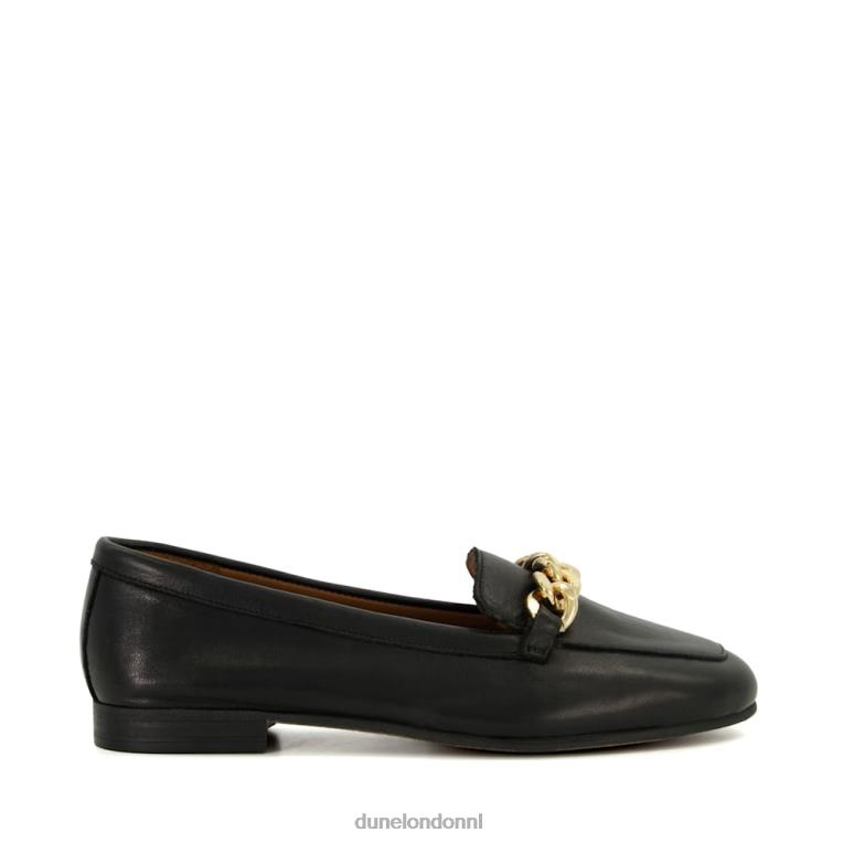 vrouwen R6DFZ148 goudsmid zwart Dune London Leren loafers met brede pasvorm en kettingafwerking