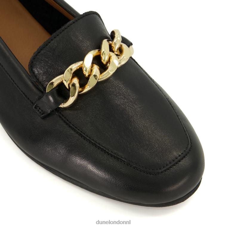 vrouwen R6DFZ148 goudsmid zwart Dune London Leren loafers met brede pasvorm en kettingafwerking